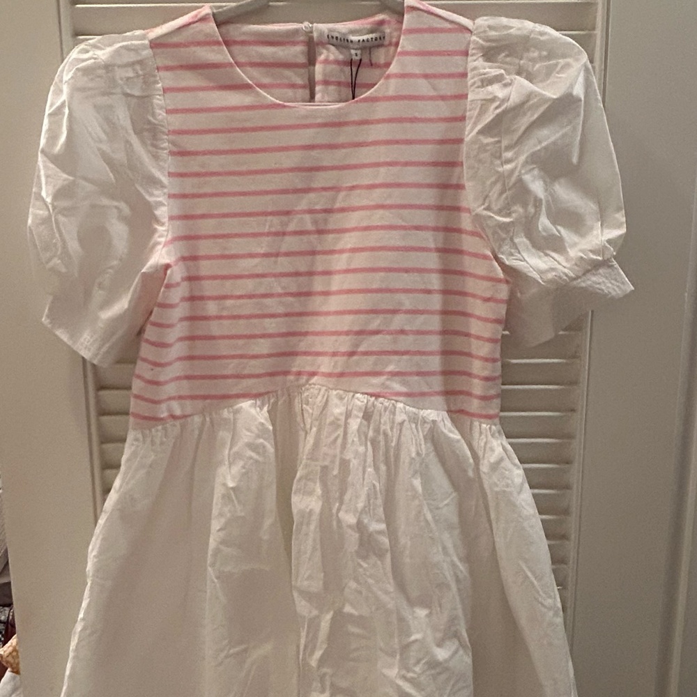 NWT English Factory Striped Puff Sleeve White Pink Combo Dress